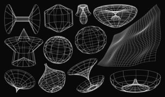 geometria ano 2000 estrutura de arame formas e grades dentro branco cor. 3d corações, abstrato fundos, padrões, cyberpunk elementos dentro na moda psicodélico delírio estilo. 00s retro futurista estética. vetor