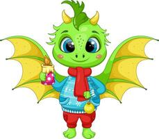 Natal desenho animado verde Dragão com uma Natal vela e uma brinquedo vetor