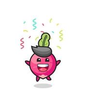 mascote de rabanete feliz pulando para parabéns com confete colorido vetor
