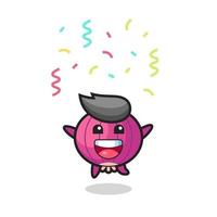 mascote cebola feliz pulando para parabéns com confete colorido vetor