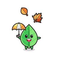 desenho da folha fofa segurando um guarda-chuva no outono vetor