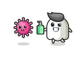 ilustração de personagem fantasma perseguindo vírus maligno com desinfetante para as mãos vetor