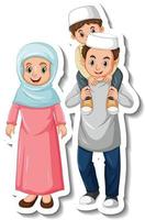 modelo de adesivo com personagem de desenho animado de família muçulmana vetor