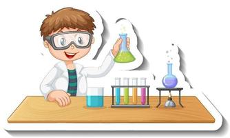 modelo de adesivo com aluno fazendo experimento químico vetor