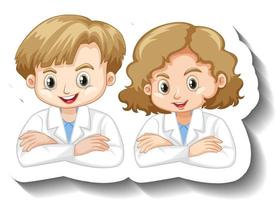 Adesivo de personagem de desenho animado com um casal de crianças em vestido de ciências vetor