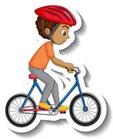 Adesivo de um menino andando de bicicleta com um personagem de desenho animado vetor