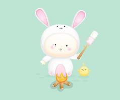 bebê fofo com fantasia de coelho segurando marshmallow. vetor