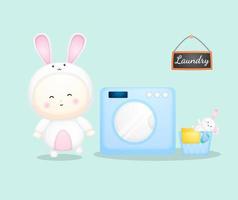 bebê fofo com fantasia de coelho na máquina de lavar. vetor