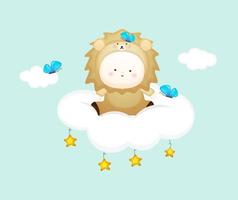 bebê fofo com fantasia de leão sente-se na nuvem. vetor