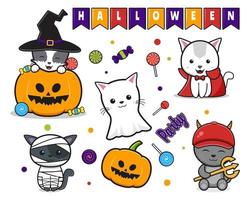 definir coleção de ilustração de doodle de halloween de gato fofo vetor