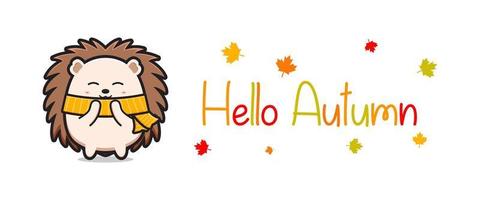 Olá, banner de outono com ouriço fofo doodle ícone de desenho animado illustra vetor
