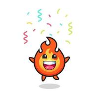 mascote de fogo feliz pulando para parabéns com confetes coloridos vetor