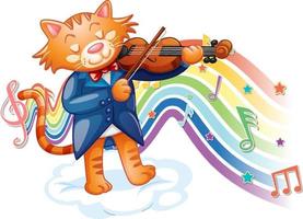 gato tocando violino com símbolos de melodia na onda do arco-íris vetor