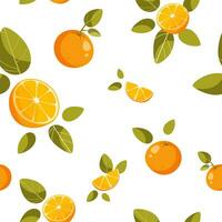 desatado padrão, inteiro laranjas, metades e laranja fatias, com verde folhas em uma branco fundo. abstrato fruta fundo. ideal para têxtil Produção, papel de parede, cartazes, etc. vetor ilustração