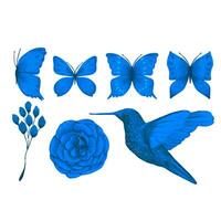 azul conjunto com borboletas, azul pássaro, rosa. aguarela vetor