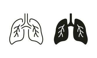 saudável bronquial respiratório sistema linha e silhueta ícones. pulmão, humano interno órgão pictograma definir. respiração doença símbolo coleção em branco fundo. isolado vetor ilustração.