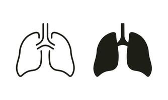 pulmão, humano interno órgão pictograma definir. saudável bronquial respiratório sistema linha e silhueta ícones. respiração doença símbolo coleção em branco fundo. isolado vetor ilustração.