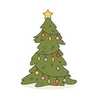 isolado vetor ilustração do simples verde Natal árvore com colorida luzes e Estrela para cumprimento cartão ou cartazes