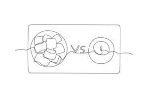 contínuo 1 linha desenhando saudável vs pouco saudável Comida. Comida nutrição conceito. rabisco vetor ilustração.