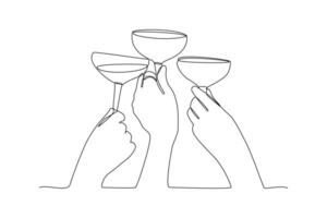 1 contínuo linha desenhando do feliz pessoas tilintar óculos e bebendo às comemorativo Festa. amigos conceito. rabisco vetor ilustração dentro simples linear estilo.