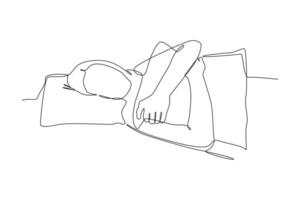 1 contínuo linha desenhando do feliz pessoas deitado com travesseiros. profundo Sonhe e hora de dormir conceito. rabisco vetor ilustração dentro simples linear estilo.