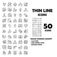 Conjunto de 50 ícones de ícones de linha de design thinking. como lâmpada, caneta, papel. vetor