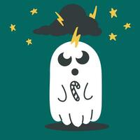 fantasma. vôo fantasma. fofa personagem, fofa desenho animado personagem. feriado cartão mão desenhado elegante vetor ilustração. todos elementos isolado. nuvem, relâmpago e estrelas. vetor