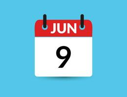 Junho 9. plano ícone calendário isolado em azul fundo. encontro e mês vetor ilustração