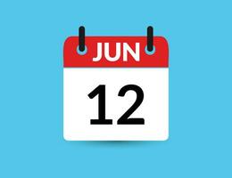 Junho 12. plano ícone calendário isolado em azul fundo. encontro e mês vetor ilustração