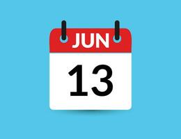 Junho 13. plano ícone calendário isolado em azul fundo. encontro e mês vetor ilustração