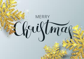 cumprimento cartão, convite com feliz Novo ano. mão escrito rotulação. metálico ouro Natal floco de neve, decoração, cintilante, brilhante confete em uma branco fundo. vetor ilustração
