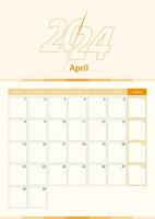 moderno vetor vertical calendário Folha para abril 2024, planejador dentro inglês.