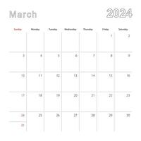 simples parede calendário para marcha 2024 com pontilhado linhas. a calendário é dentro inglês, semana começar a partir de Domingo. vetor