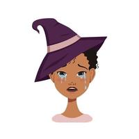 mulher afro-americana com cabelo preto, emoções tristes com chapéu de bruxa vetor