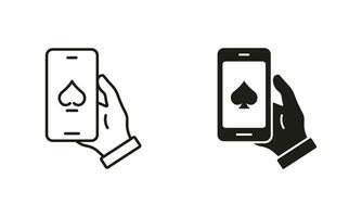 Internet cassino dentro celular linha e silhueta Preto ícone definir. conectados pôquer clube em Móvel telefone pictograma. sucesso, sortudo, jackpot dentro jogos de azar símbolo coleção. isolado vetor ilustração.