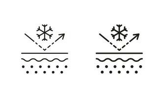 efeito do pele frio linha e silhueta Preto ícone definir. barreira pele a partir de resfriamento pictograma. floco de neve em pele camada, proteção do pele Queimadura por frio símbolo coleção. isolado vetor ilustração.