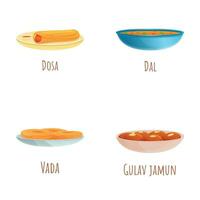 indiano Comida ícones conjunto desenho animado vetor. tradicional indiano refeição vetor