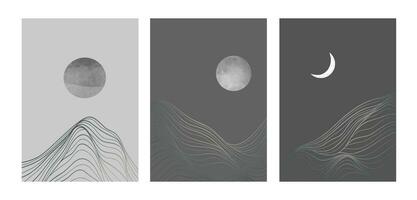 conjunto de impressão criativa de arte de linha moderna minimalista. paisagens de fundos estéticos contemporâneos de montanha abstrata. com montanha, floresta, mar, horizonte, onda. ilustrações vetoriais vetor