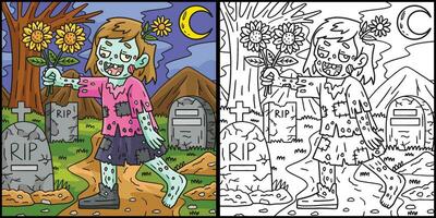 zumbi menina com girassóis coloração ilustração vetor