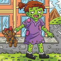 zumbi menina com uma pelúcia colori desenho animado vetor