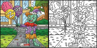 zumbi palhaço com balões coloração ilustração vetor