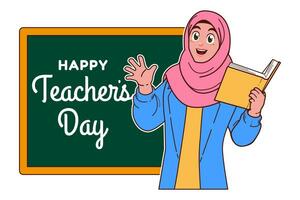 feliz professores dia com muçulmano fêmea professor e quadro-negro vetor