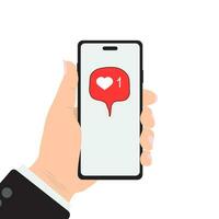 mão segurando Smartphone com coração emoji mensagem em tela, gostar botão. amor confissão, como. social rede e Móvel dispositivo. gráficos para sites, rede bandeiras. plano Projeto vetor ilustração.