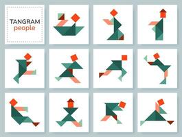 tangram enigma jogos para crianças. colorida geométrico coleção com isolado pessoas dentro vários poses. isolado tangram pessoas ícones em branco pano de fundo. vetor ilustração