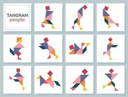 tangram enigma jogos para crianças. colorida geométrico coleção com isolado pessoas dentro vários poses. isolado tangram pessoas ícones em branco pano de fundo. vetor ilustração