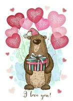 uma dia dos namorados dia cartão. fofa Urso de pelúcia Urso com balões dentro a forma do uma coração. aguarela fundo. vetor. vetor