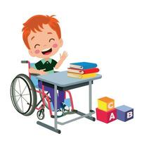 pequeno criança sentar em cadeira de rodas e sentir feliz vetor
