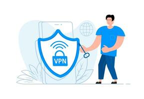 uma homem carrinhos perto a Smartphone, em a tela vpn ícone. virtual privado rede. vetor