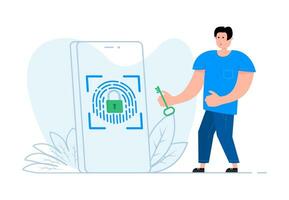 uma homem carrinhos perto a Smartphone, em a tela impressão digital segurança identificação. vetor