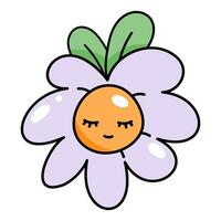 fofa desenho animado kawaii personagem margarida flor com folhas dentro retro Anos 70 estilo. sulco plantar. engraçado emoção. vetor ilustração do impressão em roupas, poster projeto, decoração.